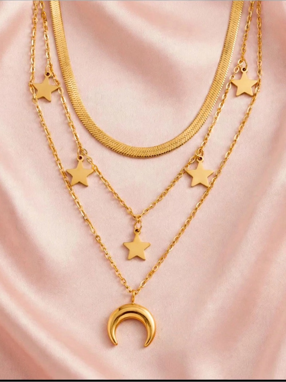 Gold Layered Star & Crescent Necklace Set